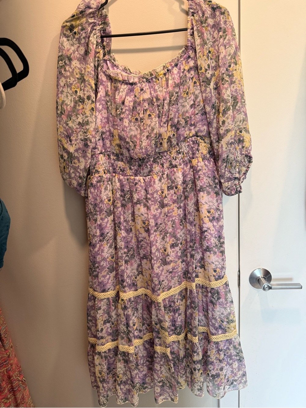 Lavender Floral Tiered Girls' Dress with Yellow Trim